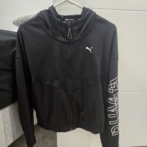 Puma Black Zip-Up Hoodie with White Logo and Sleeve Text